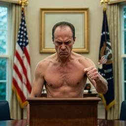 stng wharf as president of the united states, in the oval office, batleth hanging on wall, angry, ( ( photograph ) ), moody, realistic, detailed, skin tinted a warm tone