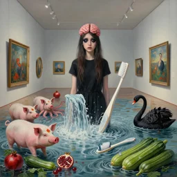 painting of a flooded art gallery and a tall emo girl with black eyeshadow, a brain, art gallery interior, pigs, courgette, waterfall, pomegranates, octopus, toothbrush, zen, black swans, courgettes, berries, surrealist, by magritte and monet