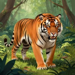 a beautiful digital colorful detailed illustration of a fierce tiger in jungle, matte painting