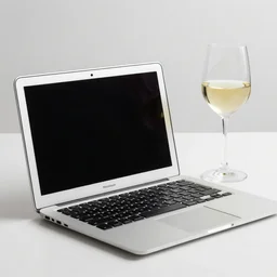 still life of a macbook air with a glass of wine