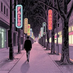 walking alone in the boulevard of broken dreams, with neon lights, hyper detail, in the style of moebius, rule of thirds