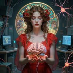 symmetric, a dreamy woman in a red dress holding a brain and neurons, detailed face, in a room full of wires and computers and neural networks, sci - fi, ai, 4 k realistic, artem demura. alphonse mucha, gustav klimt