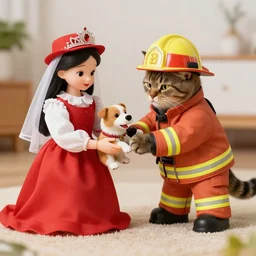 cat as a firefighter saving queen - dog
