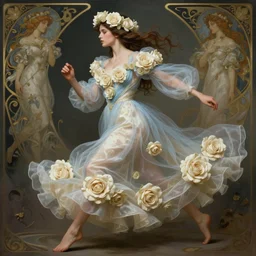 woman dressed in a vaporous wrapped large  victorian cream roses silk semi-transparent blue and cream dress fashion is running  D&D, fantasy, intricate, elegant, highly detailed, digital painting, artstation, concept art, matte, sharp focus, illustration, art by Artgerm and Greg Rutkowski and Alphonse Mucha, UHD