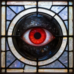 a church stained glass depecting a black sphere with a scarlet eye, nacre, glassy reflections, ethereal, surrealism