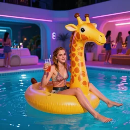 a photo of a drunk emma watson holding a drink and sitting in a big giraffe float, having fun in a pool party in a modern indoors pool with cyberpunk illumination at night. visually stimulating photo. coherent. 8 k.