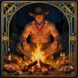 a dark ethereal painting: a handsome! chubby shirtless man wearing a cowboy hat and a bandana around his neck sits behind a campfire at night. in front of the campfire is an assortment of food and beverages. the man is smirking mischievously. tarot card, art deco, art nouveau. in the style of Mark Maggiori. trending on artstation.