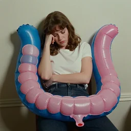 A depressed woman and an inflatable intestine, John Waters film still,  color 1970