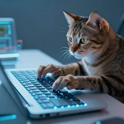 cat typing on a keyboard, futuristic