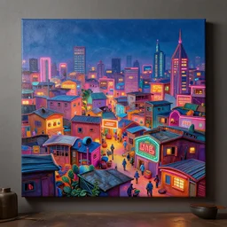 stylish - environment concept - art of a neon lit ajegunle slum in nigeria, photographed by vivian maier, unreal engine 3 d vfx render, digital illustration by mike winkelmann, intricate detail, sharp, volumetric light, ray tracing, soft light, colourful, claymation, acrylic on canvas, cinestill, rule of thirds,