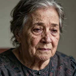 a tear falls down the face of an old woman, still beautiful despite wrinkles, wearing a dark dress, highly detailed, sharp focus