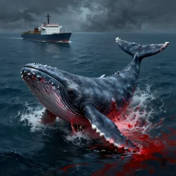 a whale bleeding on the ocean near to a ship, 3 d render, hiper detailed, dark art, horror art, digital art, realistic painting, high angle, volumetric light, part by beksinski, zdzisław part by carl gustav carus with red blood brushstrokes by swanland raymond.