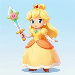 Princess Daisy in a yellow and orange dress holding a floral sword, digital image, pastel colors