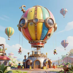 large colorful futuristic space age metallic steampunk steam - powered balloons with pipework and electrical wiring around the outside, and people on rope swings underneath, flying high over the beautiful medieval venice city landscape, professional photography, 8 0 mm telephoto lens, realistic, detailed, photorealistic, photojournalism