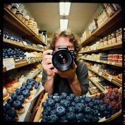 kodak portra 4 0 0, extreme fisheye, wetplate, 2 0 0 mm lens, 1 9 9 0 s colour portrait inside a french bakery by saul leiter, insanely detailed, insanely intricate, depth of field, blueberry