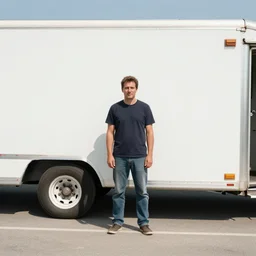 a man standing in front of a trailer, a colorized photo by rory mcewen, unsplash contest winner, kitsch movement, anaglyph effect, movie still, anaglyph filter