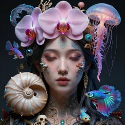 goddess close-up portrait. orchid jellyfish phoenix head, nautilus, skull, betta fish, bioluminiscent creatures, intricate artwork by Tooth Wu and wlop and beeple. octane render, trending on artstation, greg rutkowski very coherent symmetrical artwork. cinematic, hyper realism, high detail, octane render, 8k