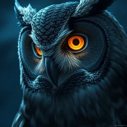 a close up portrait of a grayowl with bright golden eyes, blue night lighting, highly detailed, digital painting, artstation, concept art, sharp focus, cinematic lighting, illustration, art by artgerm and greg rutkowski, alphonse mucha, cgsociety