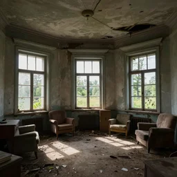 abandoned 2 0's house with sunlight coming through old dusty windows, collapsed ceiling, dirt, old furnitures, hyperdetailed, artstation, cgsociety, 8 k
