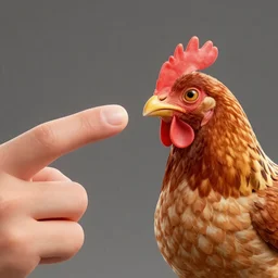 a chicken with fingers defending his chicken fingers from a finger sized chicken, 3d render, octane, realistic lighting