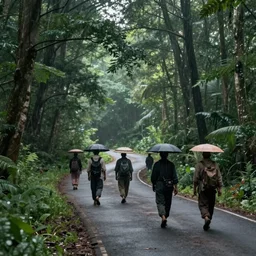 merchants on a road in a humid subtropical forest, award winning fantasy concept art, atmospheric, trending on artstation