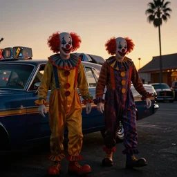 2 0 clowns leaving a clowncar at a california drive in, in 2 0 1 2, cutecore clowncore, bathed in the the glow of the sunset, low - light photograph, in style of henry selick