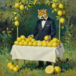 a jaguar character wearing a suit selling lemons at a lemon stand in a garden, oil painting, classic art