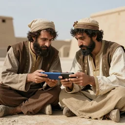 a photograph of two men from the 1 2 th century playing on a handheld console