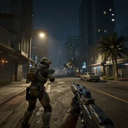 A photo of New Mombasa streets from Halo 3 ODST at night, 8k, realistic details