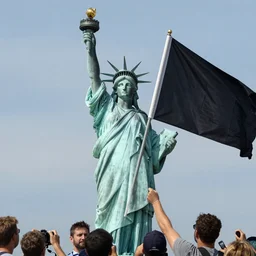 photograph of liberty leading the people holding a black flag, hd, hdr, cinematic, 8k, ultra detailed, high resolution