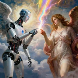 a godly robot and a human woman touch by their finger tips, exchanging rainbow lightning of beautiful energy through their fingers, nails concept art, angelic clouds in the background, cinematic, inspired by the creation of adam by michelangelo, alphonse mucha