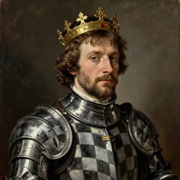 a portrait of a Magnus Carlsen , with a black and white checkered armor and a crown, oil painting in a renaissance style , very detailed, painted by Artemia Gentileschi , Caravaggio, Titian, Rembrandt.