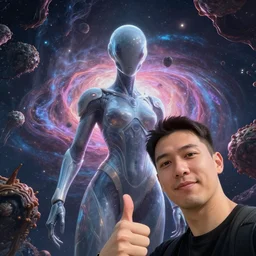 close offset portrait with subject in bottom right corner looking at viewer. giving a thumbsup!!!!!!! to the camera. smartphone photo. instagram. interdimensional cosmic traveler takes a selfie in front of a bizarre exotic anomaly. futuristic alien smooth exosuit designed by. octane cg render, hdr, volumetric. artgerm, beeple.