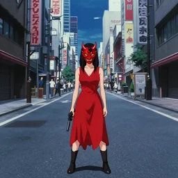 a woman in a red dress wearing a red demon mask standing alone on an empty street in downtown Tokyo with a gun, film still from the an anime directed by Katsuhiro Otomo with art direction by Zdzisław Beksiński, wide lens