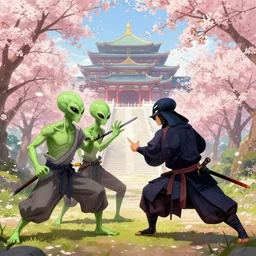 aliens brainsuckers fighting samurais, at beautiful picture of sakura in full bloom, palace ，, by greg rutkowski and thomas kinkade, trending on artstation