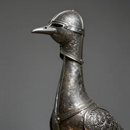 long - necked avian wearing a medieval full - coverage helmet with no eyes, baroque metalwork