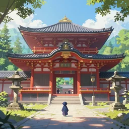 very small yokai in front of a japanese temple in the mountain. gorgeous epic nature, lofi, vivid colors, amazing light, by jeremy lipkin, by claude monet, heavily inspired by makoto shinkai, kandinsky touches, inspired by ghibli, masterpiece, multiple brush strokes, impressionist style
