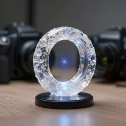 a miniature crystalline portal to another universe is sitting on a table, clear focus, bokeh effect, high res, hasselblad, dslr, professional, cinematic