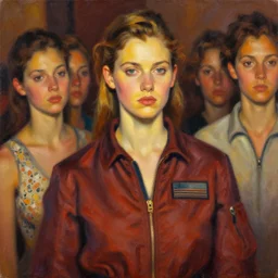 portrait in daring femininity, determined face, flight suit, warm glow, runway bathed in light, captured memory, recollection, chiseled impressionism, radiosity, terrazzo, pj crook, michael garmash, livia prima, nick alm, casey baugh, deep color, oil on canvas
