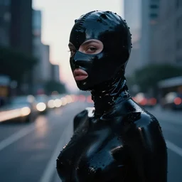 beautiful female body silhouette, beautiful portrait, photography by amy leibowitz and filip fedorov, black latex female balaclava, female calendar, body painted with black fluid, urban city photography, close up portrait, cinematic still, film still, magic hour, dark mood, fashion portrait, cold colors, sony, kodak, long exposure