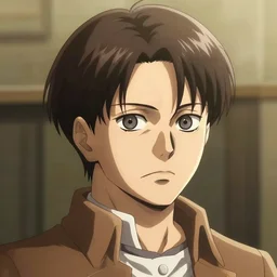 man in his twenties with medium long brown hair, widows peak, round face in the style of attack on titan, digital art
