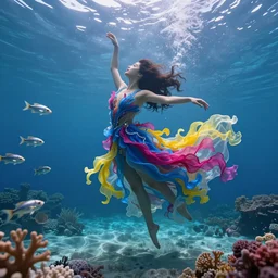 beautiful geni morrow dancing underwater wearing a flowing dress made of blue, magenta, and yellow seaweed, delicate coral sea bottom, swirling silver fish, swirling smoke shapes, octane render, caustics lighting from above, cinematic