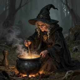 An old wrinkled witch dressed in black stirring her cauldron. high detail, digital art, fantasy, RPG, concept art, illustration