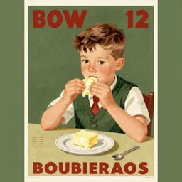 poster drawing from 1 9 2 8 of a boy age 1 2 sitting by a table eating butter. army green background
