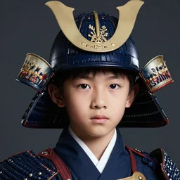 medium close up shot of an asian school boy, wearing a samurai headgear cosplay, dark studio background, softlight, photorealistic, art by artgerm and greg rutkowski