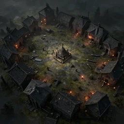 a topdown battlemap from 9 0 degrees angle of a military outpost, call of duty map, dnd encounter, houses, rooftops, torches, darker ground, atmospheric lighting, dawn, dark fantasy, extremely detailed, no people, photorealistic, octane render, 8 k, unreal engine 5. art by artgerm and greg rutkowski and alphonse mucha