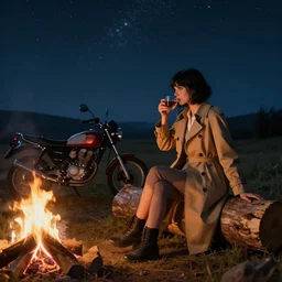 A girl with short black hair and green eyes in a tan trenchcoat sitting on a log and drinking tea by the campfire by her motorcycle at night under the stars, elegant scene, wide angle, cinematic lighting, atmospheric, ultrarealistic, trending on artstation, cgsociety, highly detailed, color graded, in the style of craig mullins, rendered in Unreal Engine 4k HQ, horizon forbidden west