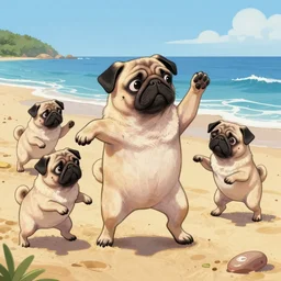 adorable pugs we're going to dance and have some fun on the beach, head banging groove is in the heart, painted by james jean and fernando botero