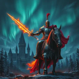 knight, armor lightnings fire elemental hyperrealism, cavalry wielding a greatsword of fire with electricity elemental, standing in frontal of a castle, castle realistic, big forest world fantasy hyperrealism, sky northern lights, hyperrealism by greg rutkowski