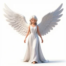 elegant angel with white wings, stylized pixar-style 3d render, full body, standing, isolated on a pure white background, centered, whole figure in frame, sharp focus, studio lighting